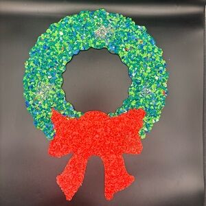 Vintage Melted Plastic Popcorn Wreath Bow Holiday Ornament Green Multi Color 19"